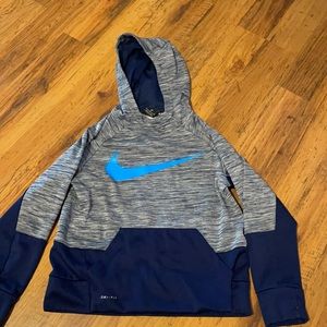 Kids Nike Hoodie.  Navy and grey with a light blue swoosh.